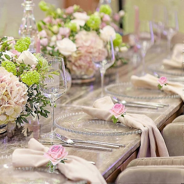 8 stk. Servietringssæt Blomster Servietholderringe Kunstige Rose Servietringe Sækkelærredssnor Servietspænde Håndlavet Falsk Pink Rose Servietløkke