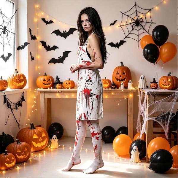 Halloween Blodprint Kostume til Kvinder, Skræmmende Forklæde, Hætteklædt Kappe, Strømper Outfits til Cosplayfester, Hjemsøgte Hus Begivenheder E