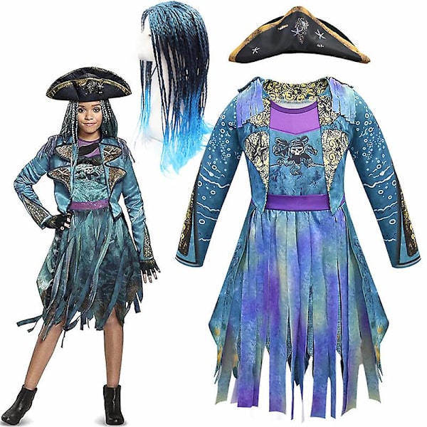 Descendants 3 Mal Bertha Maleficent Curls Live Evil Straight Blue Barn Flickor Cosplay Cap Klänning Halloween Kostym För Barn Peruk wig 110