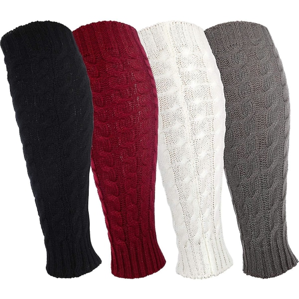 4 par benvarmere strikket hæklet lange støvlestrømper til kvinder favoriserer sort