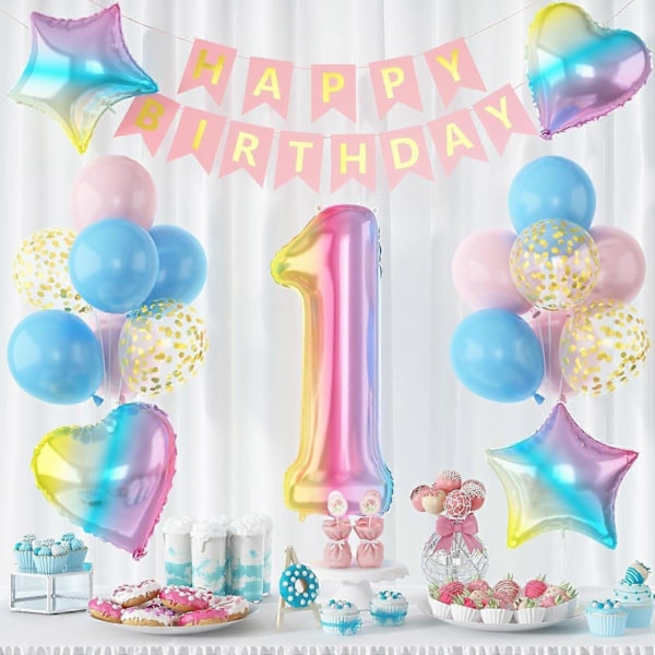 Ett År Gammel Jente Bursdagsdekorasjon, Jente Bursdagsballong, Regnbue Folieballong Nummer 1 Ballong, Bursdagsbanner, Konfetti Lateksballonger for Bursdag