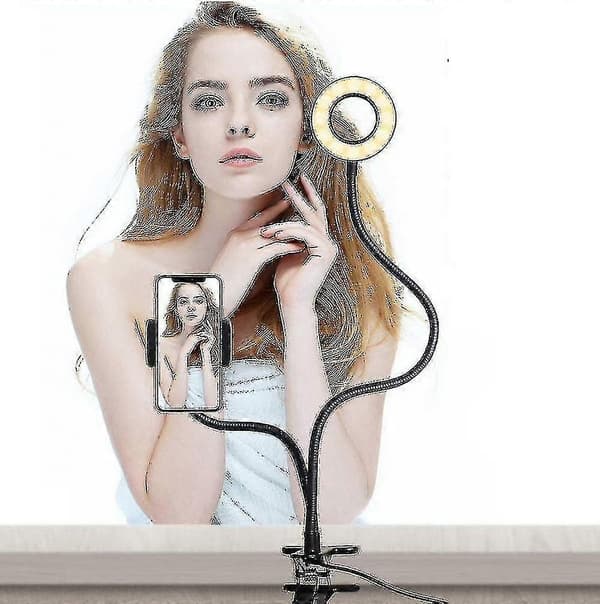 2-i-1 LED Selfie Ring Light Bordfeste Lys iPhone Holder Med Lys