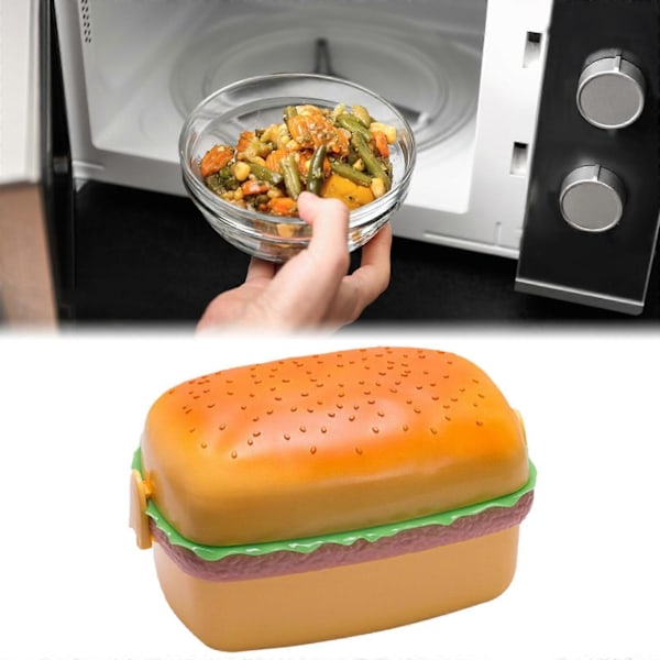 Tecknad Hamburgare Matlåda, 3 Fack Bento Box med Gaffel och Sked Matförvaringsbehållare för Barn Vuxna Arbete