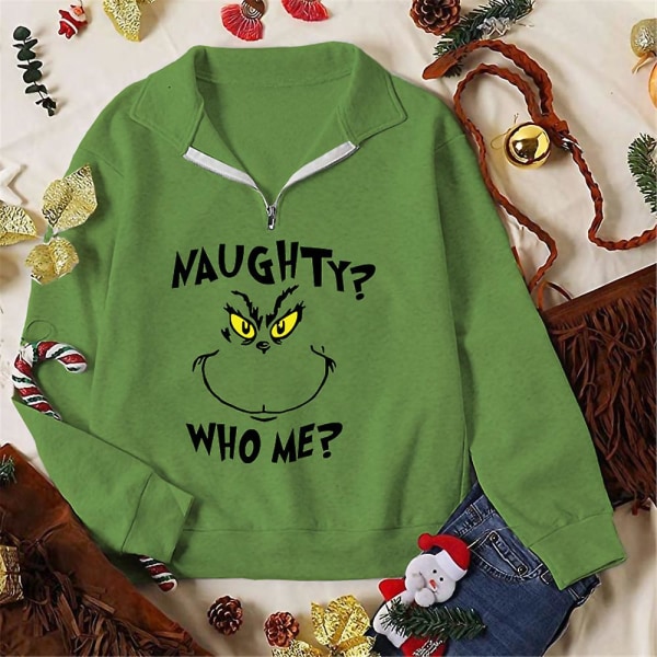 Merry Christmas Santa Grinch Sweatshirt med V-hals glidelås kvinner Xmas Morsomt grønt monstertrykk Langermet genser topper style 4 S