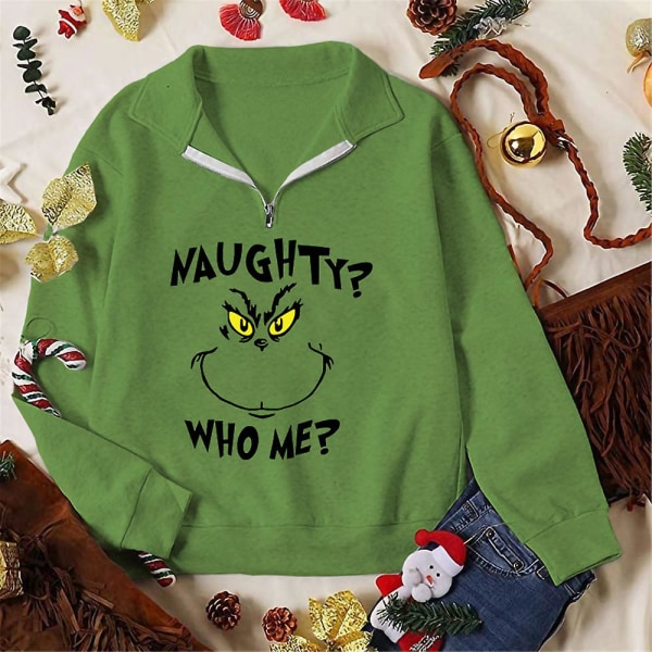 Merry Christmas Santa Grinch Zip V-hals Sweatshirt Kvinder Xmas Funny Green Monster Print Langærmede Pullover Toppe style 4 M