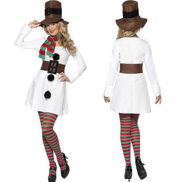 Christmas White Snowman Tema Plattform Scene antrekk Sett Dame Mann Langermet Kostyme Med Hatt Julebelte Festlig Fancy Dress Female