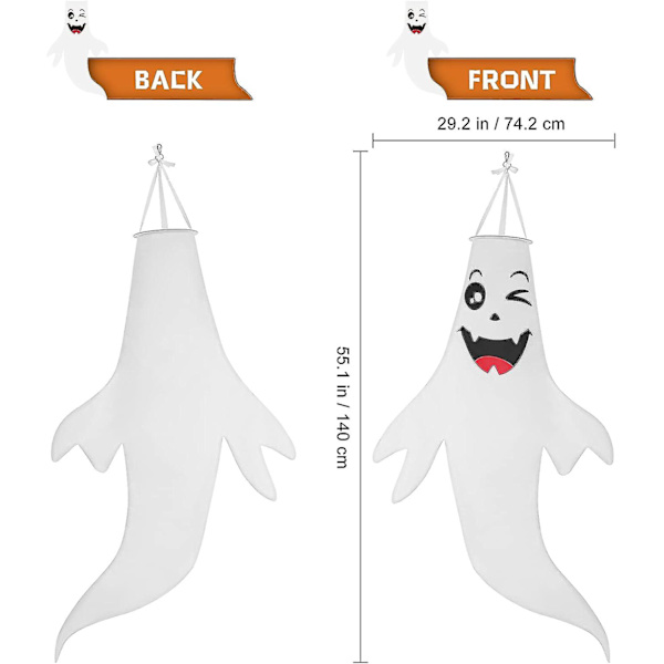 Halloween Ghost Windsock hængende dekorationer, 140cm 2 Pack Windsock Flag Med Varm Gul Led Lys Udendørs Til Gård Patio Have Pathway Party Decor White
