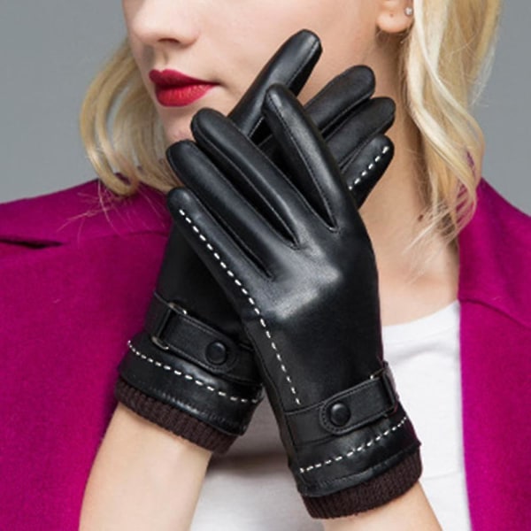 Vinterläderhandskar för kvinnor, ullfleecefodrade varma handskar, pekskärm