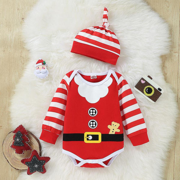 Toddler Baby Santa Claus Cosplay Dräkt Randig Långärmad Jumpsuit + Byxor + Hat Set Jul Fancy Dress Up Kostym 3-6 Months