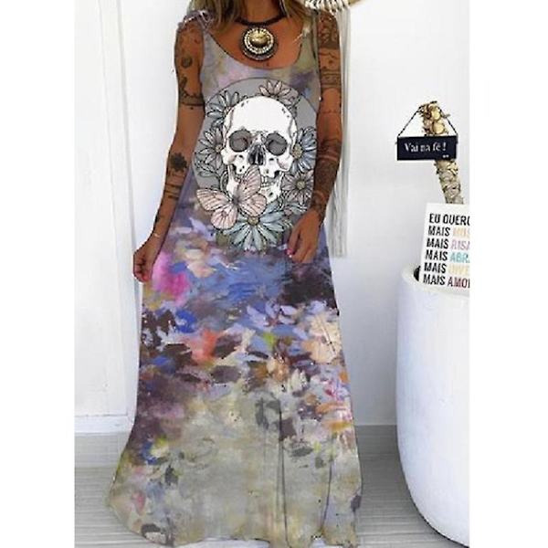 Kvinders afslappede ærmeløs Maxikjole Skull Printed Løs Kjole Halloween Fest Sling Lang Kjole style 3 4XL