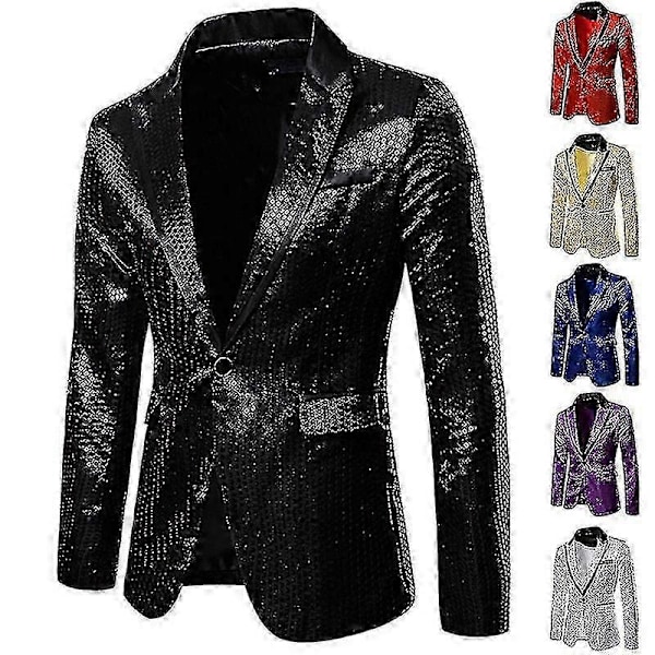 Herre Metallic Paillet Blazer Smoking Jakkesæt Disco Prom Skinnende Jakke Bryllupsfest