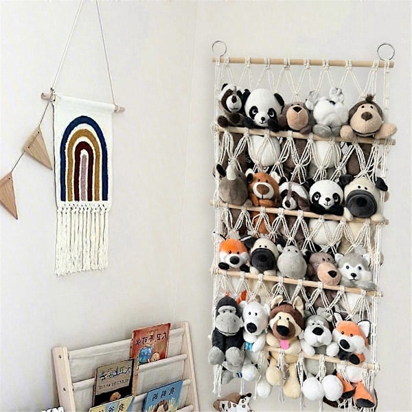 Vegghengt Organizer Plysjleketøy Oppbevaring Boho Macrame, Rosa