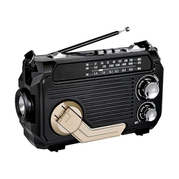 Nødradio med håndsveiv og solcellelading, Bluetooth-lyd, LED-lommelykt og MP3-spiller