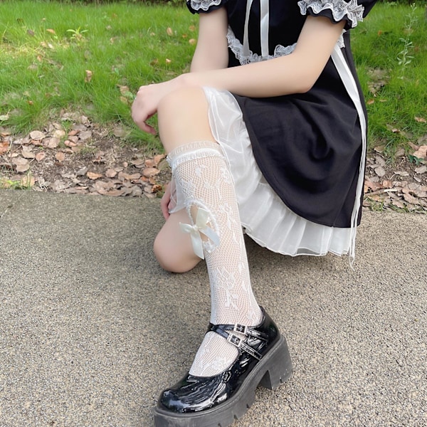 Maid Søde Blonder Lolita Strømper Rør Lange Strømper Bunke Bunke Strømper Sød Kvinder Pige Strømper Knæhøje Nylon Elastisk Hul Ud Bue Mesh Net Strømper Kvinde C
