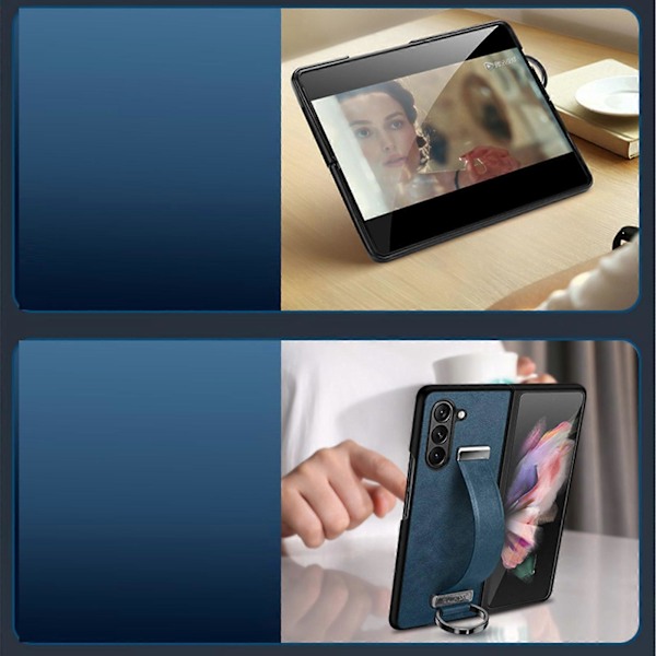 för Samsung Galaxy Z Fold 5 Skal med Handledsrem, Läderskyddande Bumper Skal Ultra Slim Stöttåligt för Z Fold 5 5G