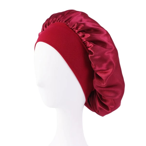 Ny kvindes satin solid bredskygget sovehat Unisex hovedomslag Elastisk båndkasket Hårpleje Bonnet Nat Hat Red