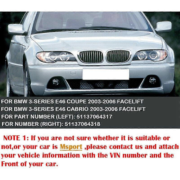 för - E46 3-serie Coupe Cabriolet 2-dörrars 2003-2006 Främre Motorhuv Center Njure Grill (Krom, Enkel Linje)