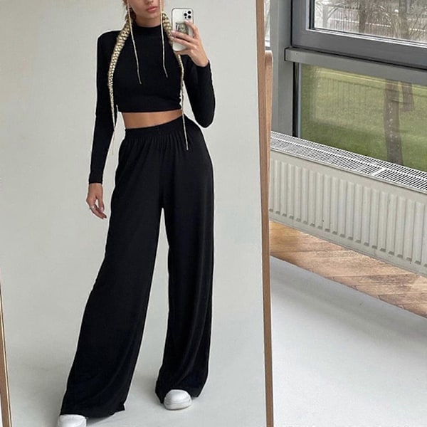 Lounge Set för Dam Långärmad Mock Neck Crop Tops och Vida Ben Set Pyjamasset Casual 2-Dels Outfits Träningsdräkter Vit S