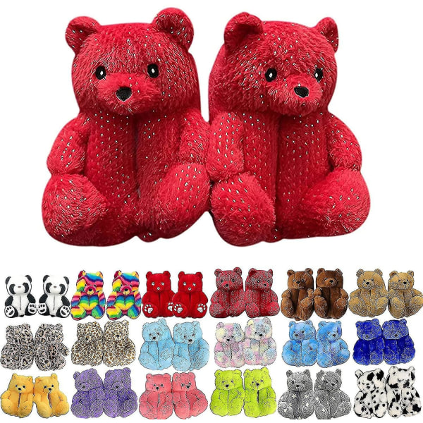 Teddy Bear Tofflor Dam Plysch Animal Tofflor Varma vinterskor Fuskpäls Anti Slip M Diamond Ironing Red