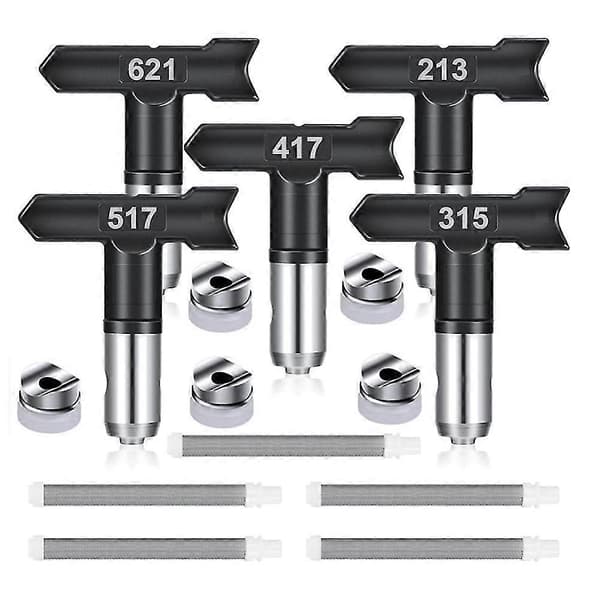 5 stk. Spraytupper Reversibel Luftfri Malingssprøyte Dysetipper og 5 Luftfrie Sprøytemaskinfilter Rep