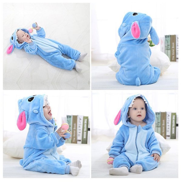 Baby pojke Flicka Barn Tecknad Djur Huva Romper Fleece Jumpsuit Body Vinter Varma kläder i ett stycke Blue 12-18 Months