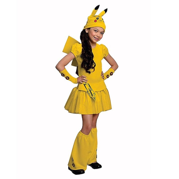 2023 Halloween Party Söt Cosplay Barn Pikachu Gul Klänning Hatt Handledsrem Fotband Set För tjej Cosplay Kostymer S