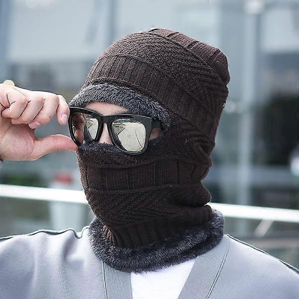 Herrhatt Enfärgad Plyschfoder Höst Vinter Varm Stickad Mössa Halsduk Ansiktsskydd för Utomhus Qinhai Black