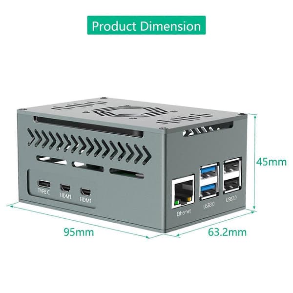 Fodral för Raspberry Pi 5, med 4010 PWM-fläkt och kopparkylflänsar