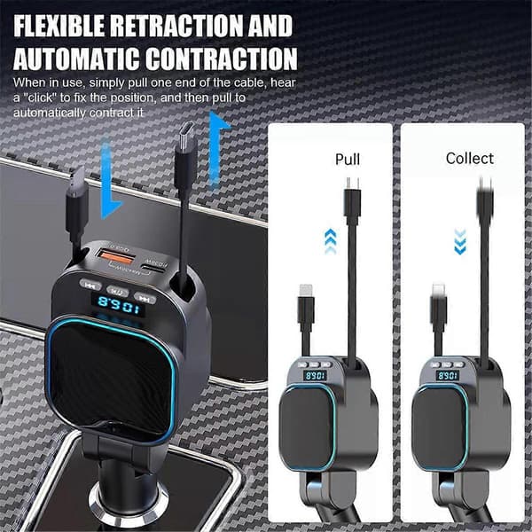 Fm Transmitter Bluetooth 5.3 Bil Mp3 Afspiller med 2 Udtrækkelige Kabler