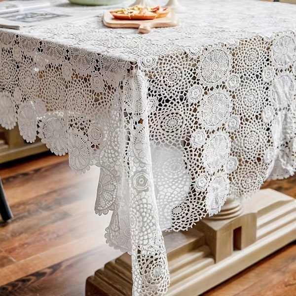 Ny stil 1 st, Polyesterduk, Fransk Retro Lätt Lyx Broderad Spets Långt Bordsöverdrag, Soffbordsmatta, Vit Nordisk TV-duk, Vinskåp