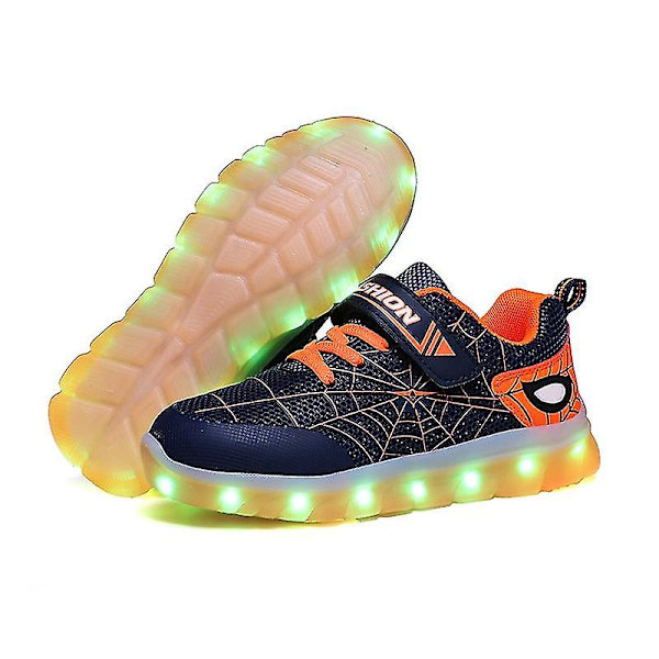 Joggesko for barn Led-lys Løpesko Spider Web-mønster Jenter Gutter Uformelt skateboardsko Usb-lading Lysende sportssko 807Blue Orange 27