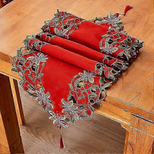 381761cm Julbordstablett med Broderad Cutwork, Gröna Blad, Juldekorationer, 15x69 Tum