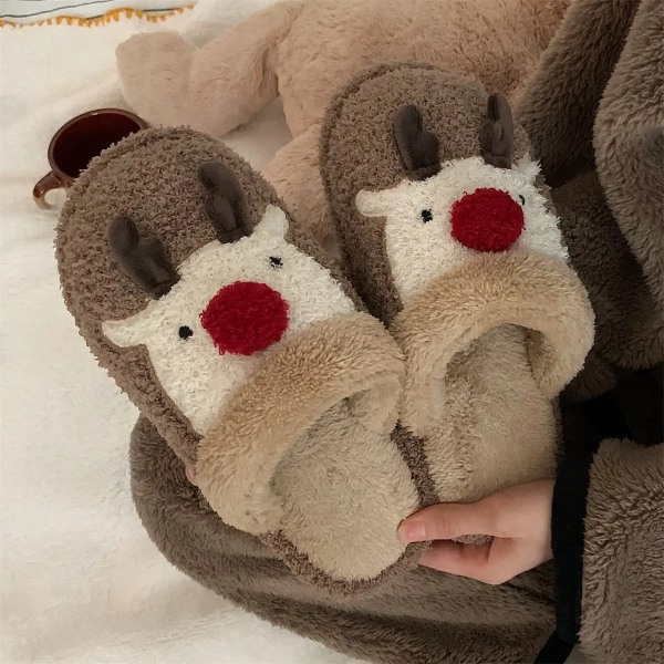 Jule tøfler i bomuld til kvinder vinter varme fluffy pels hjemmesko skridsikre såler indendørs hjem parsko Brown 36-37(Fit 35-36)