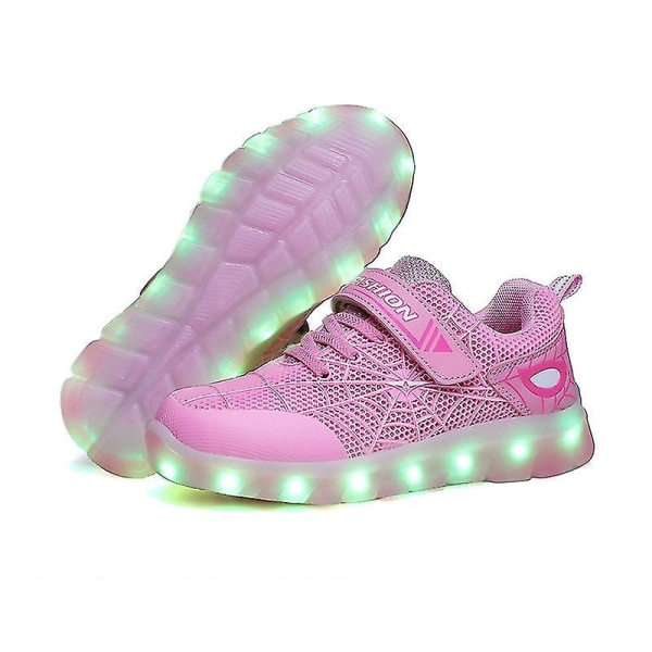 Barn Sneakers Led Lights Löparskor Spindelnätsmönster Flickor Pojkar Casual Skateboard Skor USB Charging Luminous Sportskor 807Pink 26
