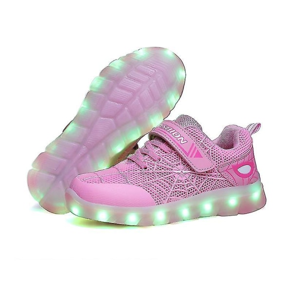 Barn Sneakers Led Lights Löparskor Spindelnätsmönster Flickor Pojkar Casual Skateboard Skor USB Charging Luminous Sportskor 807Pink 28