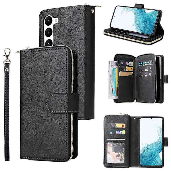 Plånboksfodral för Samsung Galaxy S24, Kortfack Dragkedja Handväska Magnetisk Stängning Ställ med Handledsrem