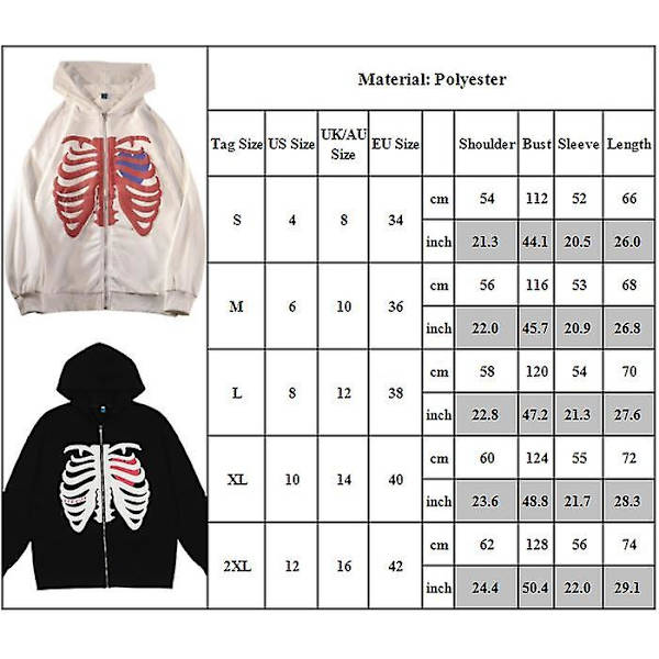 Kvinder Mode Skeleton Hætte lynlås Sweatshirt Jakke Frakke Toppe White M