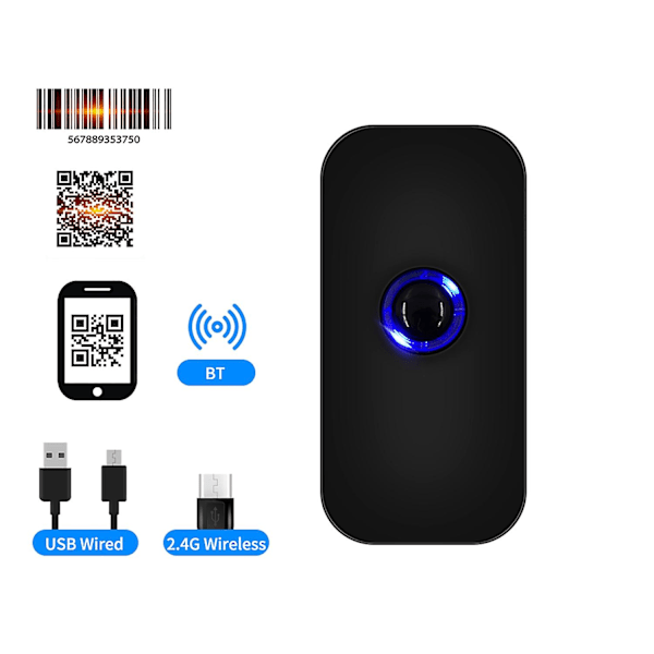 Kannettava 3-in-1 viivakoodinlukija 1D/2D/QR-viivakoodinlukija tukee BT:tä ja 2.4G langatonta ja USB-johdollista yhteyttä