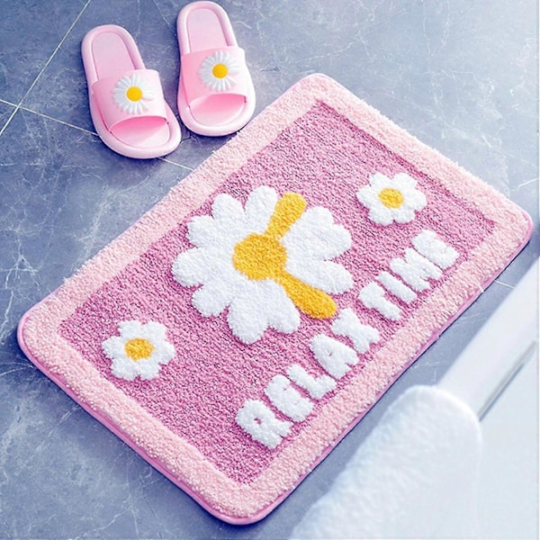 Uudet mallit LINJOU Liukumaton Erittäin Pehmeä Ovimatto Pestävä, Suihku WC Kylpyhuoneen Matot Sarja - Daisy Kukka (Pinkki)