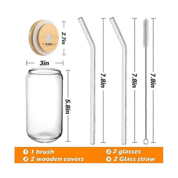 Dricksglas med Bambulock och 2-pack, 47 cl Burkformade Glasmuggar med Lock och Sugrör, Bi