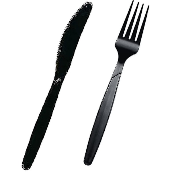 200 stk. Premium Sort Plastikbestik | 100 Gaffler + 100 Knive | Genanvendeligt Robust Plastikbestik til Fester, Hverdagsbrug