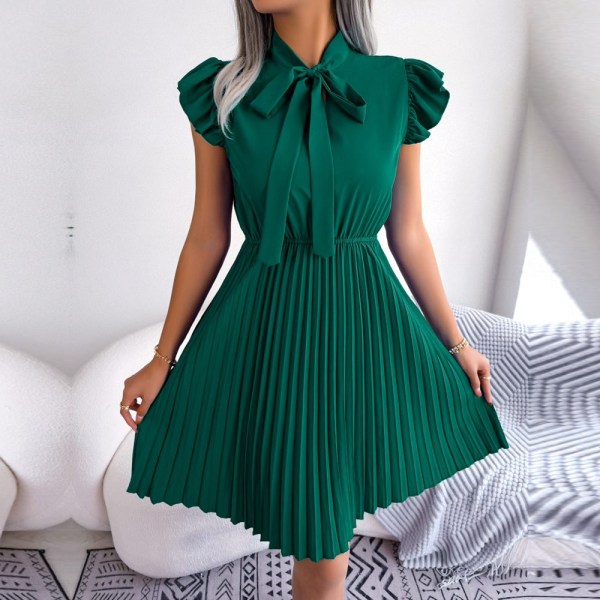Vår sommar Elegant snörning hög midja Stor plisserad klänning dam rosettklänning Green S