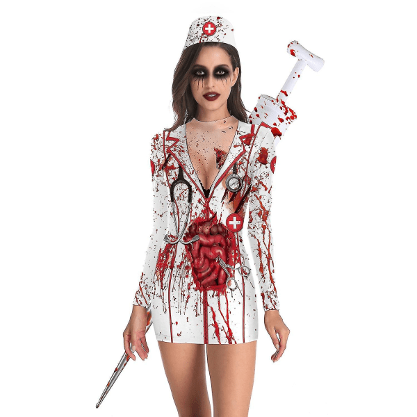 Dame Halloween Party Skrekk Kostymer Bloody Nurse Zombie Dress Cosplay Sexy Dame Rund Hals Langermet Pakke Hip Kjole Size A M