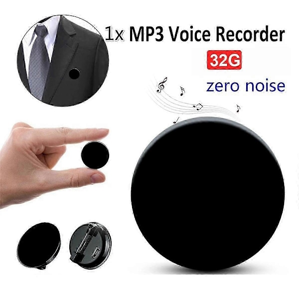 Digital Röstinspelare Mini Brosch Ljudinspelare Professionell Långdistans Röstinspelare MP3-spelare - 32GB