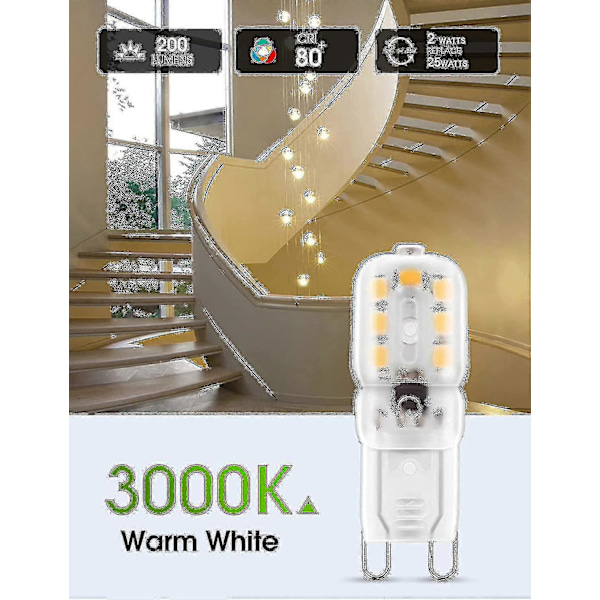 10 st 2w G9 Varmvit 3000k, LED-lampa, 25w motsvarande halogenlampa, 230v Ac 180lm, 360 bred stråle, G9-sockel [Energiklass A+] - ya