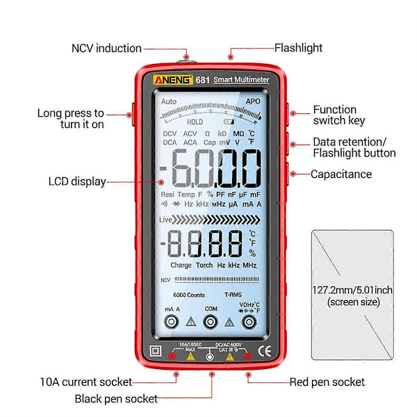 681 Uppladdningsbar Digital Multimeter Beröringsfri Spänningstestare Spänningsmätare LCD-Skärm Strömtest