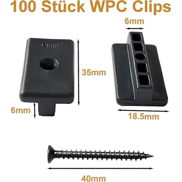 100 kpl WPC-kiinnikkeitä, 6 mm muoviset terassikiinnikkeet yhteensopivat WPC/BPC-rimojen kanssa, piilokiinnitys T-