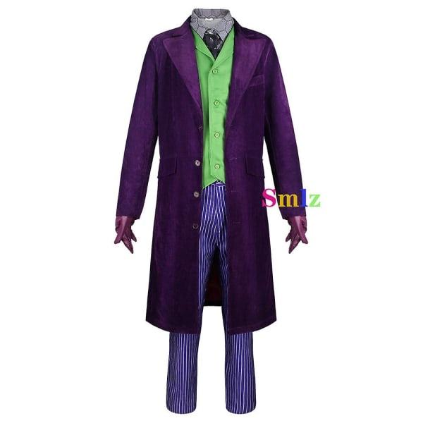 Movie Knight Joker Costume Heath Ledger Cosplay Suit Halloween Klovne Uniform Lilla Jakke Trench Vest Bukser Fuld sæt XS