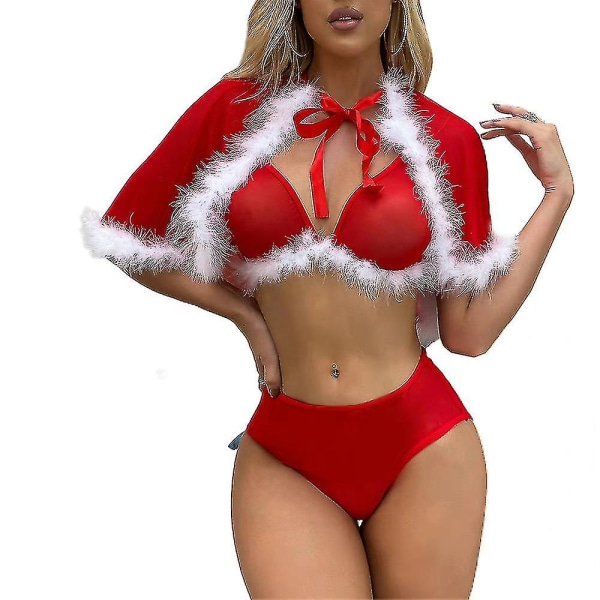 Christmas Lady Erotic Lingerie Sexy Bra Briefs Cape Set Yöasut L