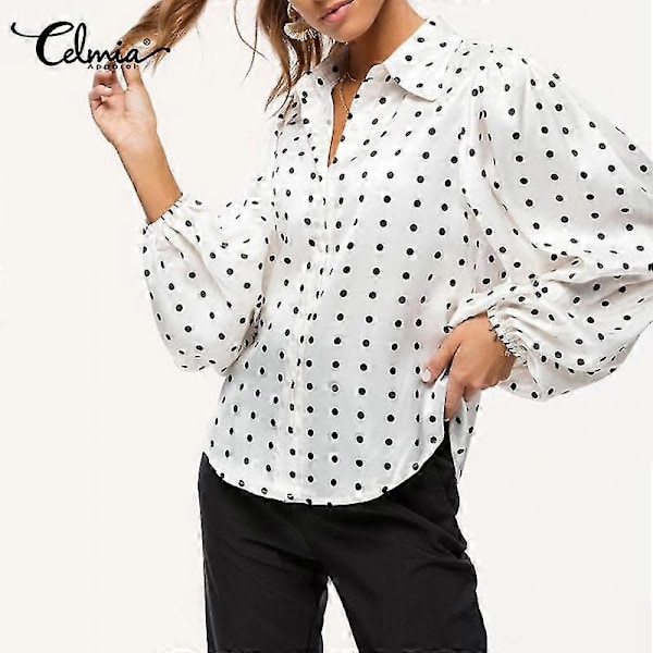 Oversized Damblusar Mode Höstfest Prickig Lång Lykta Ärm Slagskjorta Celmia Eleganta Toppar Kontor Lös Blusas
